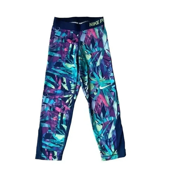 Nike Dri Fit Pro Tropical Leaf Floral Blue Leggings Size XS #1798 - Picture 1 of 10